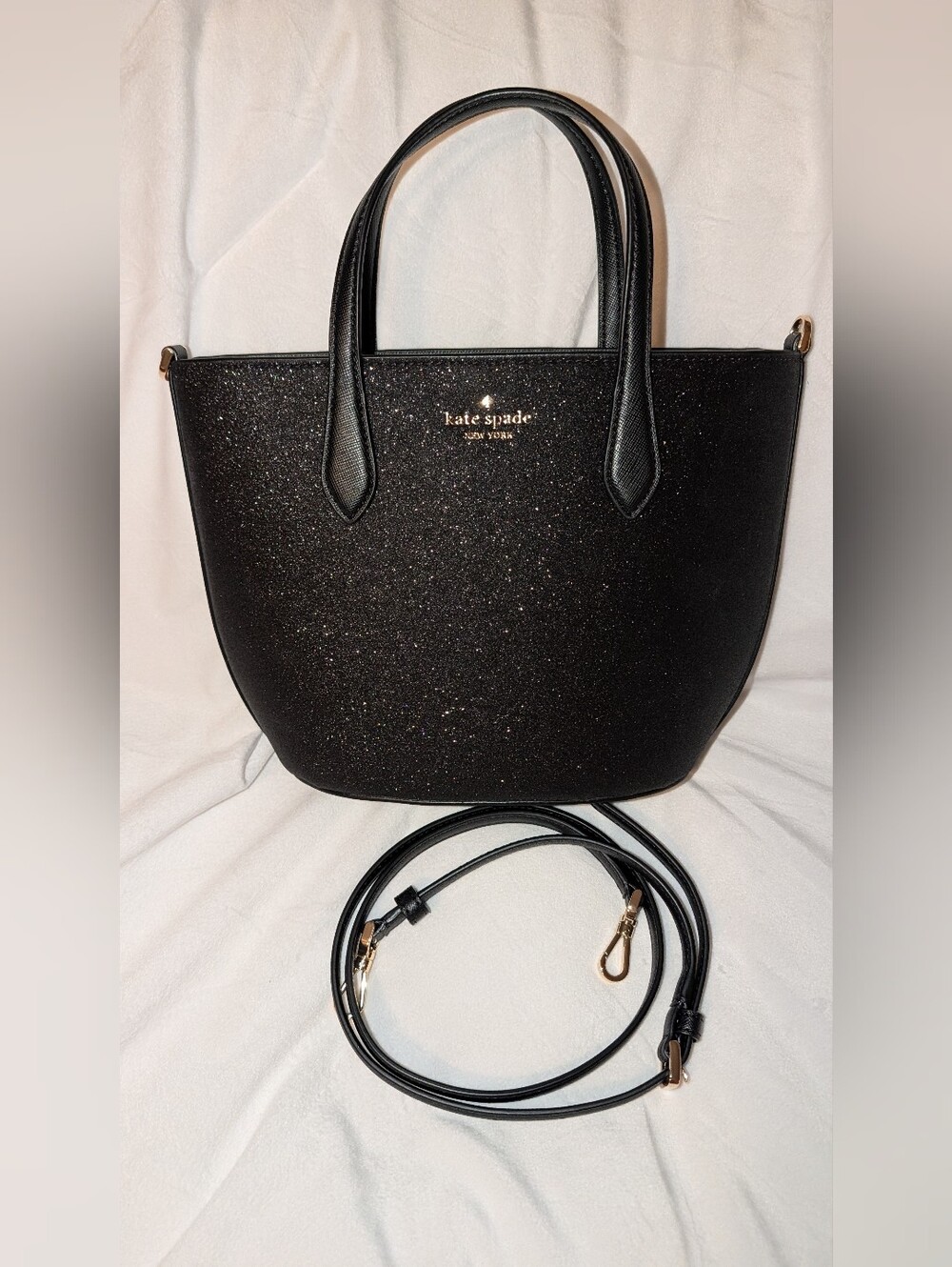 Kate Spade New York Glimmer Small Satchel Glitter Fabric Black Gold EUC